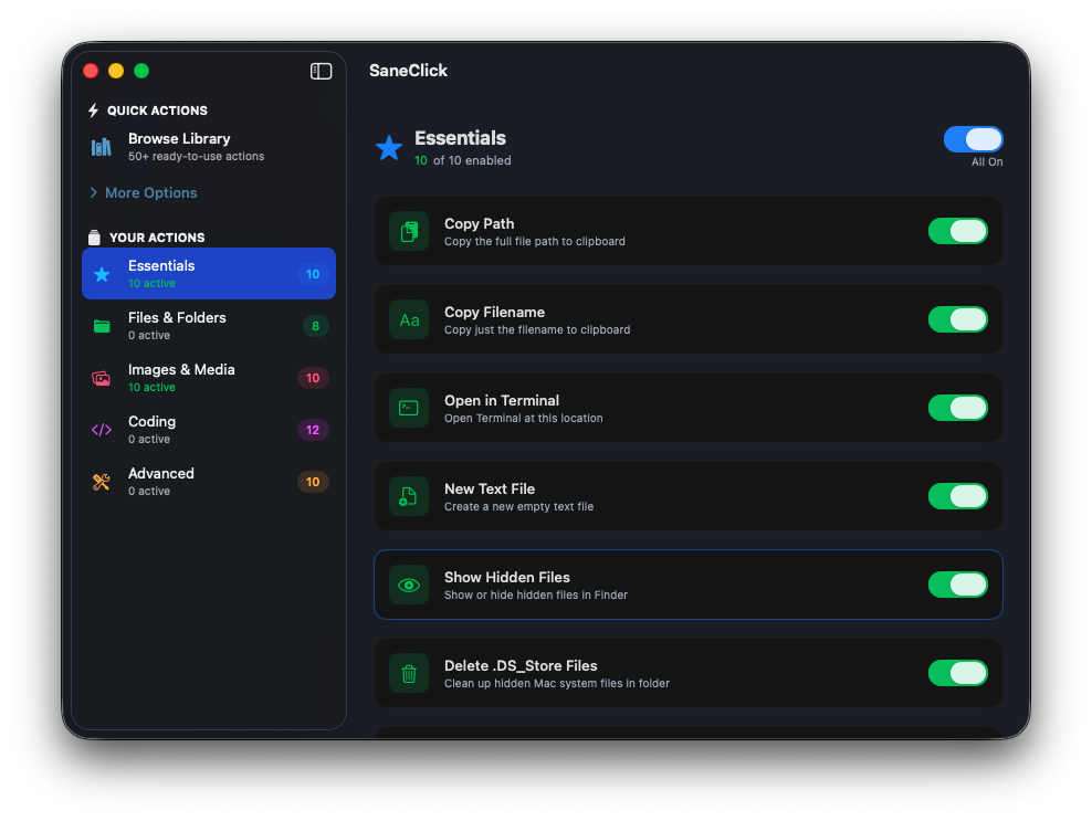 SaneClick main window showing enabled scripts and category filtering