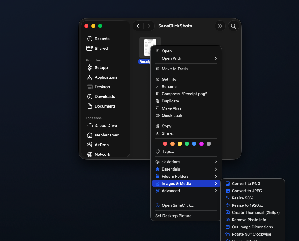 SaneClick actions grouped into folders in the Finder right-click menu, with Copy Text from Image in the Images and Media submenu